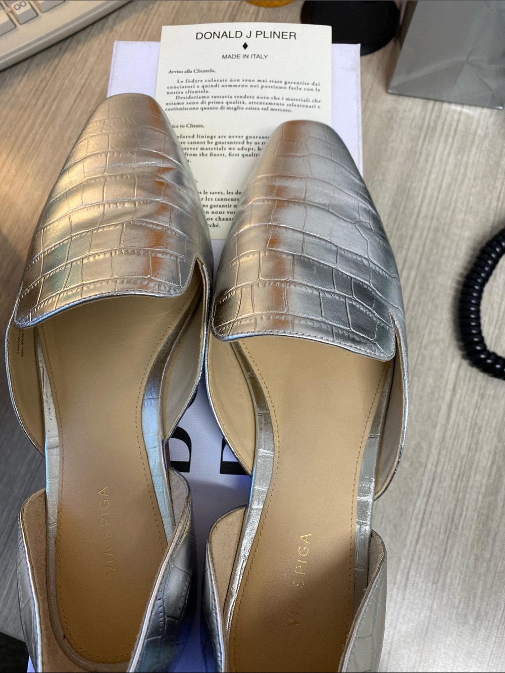 Donald J Pliner Metallic Silver Croc-Embossed Mules